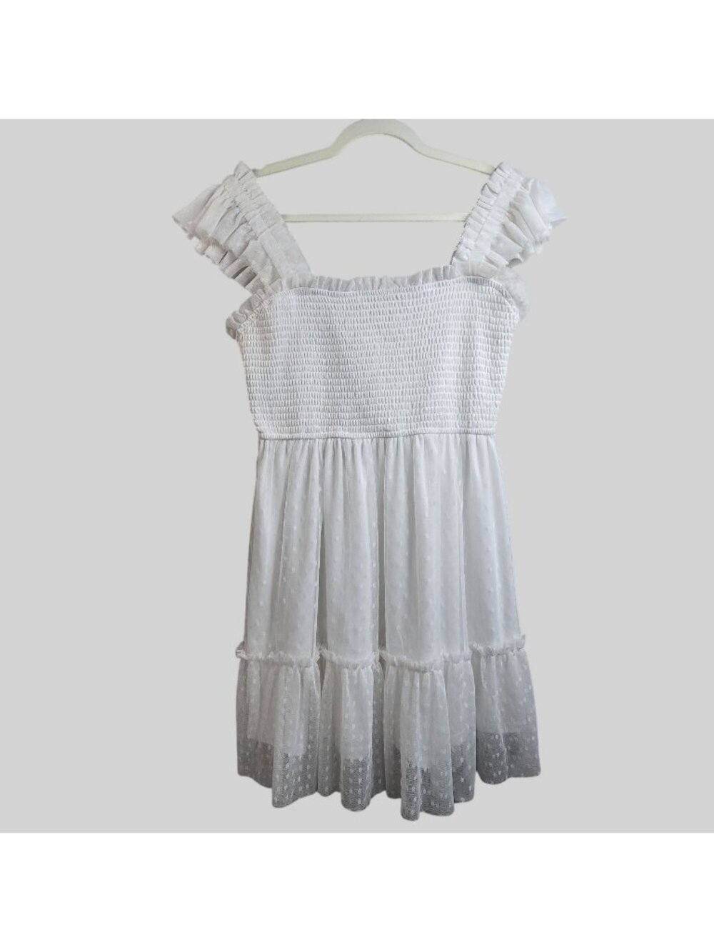 Tiered Mini Dress White Sleeveless Polkadot Mesh Smocked Cottage Boho Soft Girl